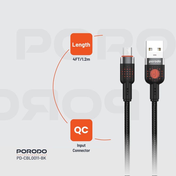 Porodo Braided USB-A to Micro USB Cable PDCBL0011BK - 1.2m, Black