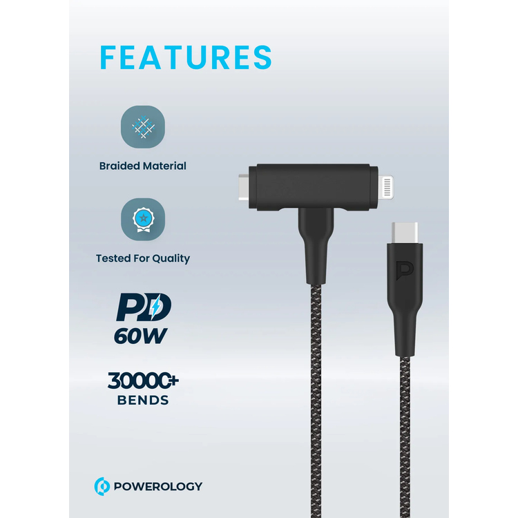 Powerology Cable PCAB007BK - Braided USB-C to USB-C + Lightning 1.2m, Black