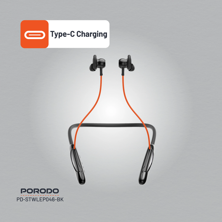 Porodo Neckband Earphones PDSTWLEP046BK - ENC, Bluetooth 5.3, Black