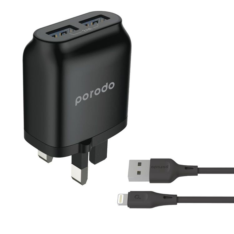 Porodo Dual USB Wall Charger PD-0203LU2-BK - Fast Charge, Black