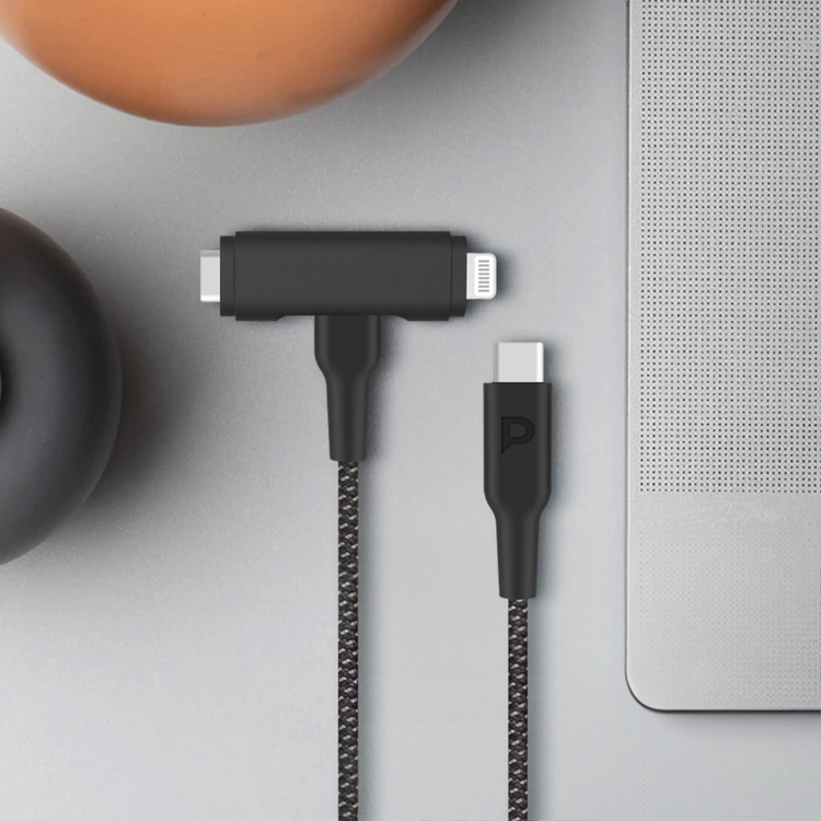 Powerology Cable PCAB007BK - Braided USB-C to USB-C + Lightning 1.2m, Black