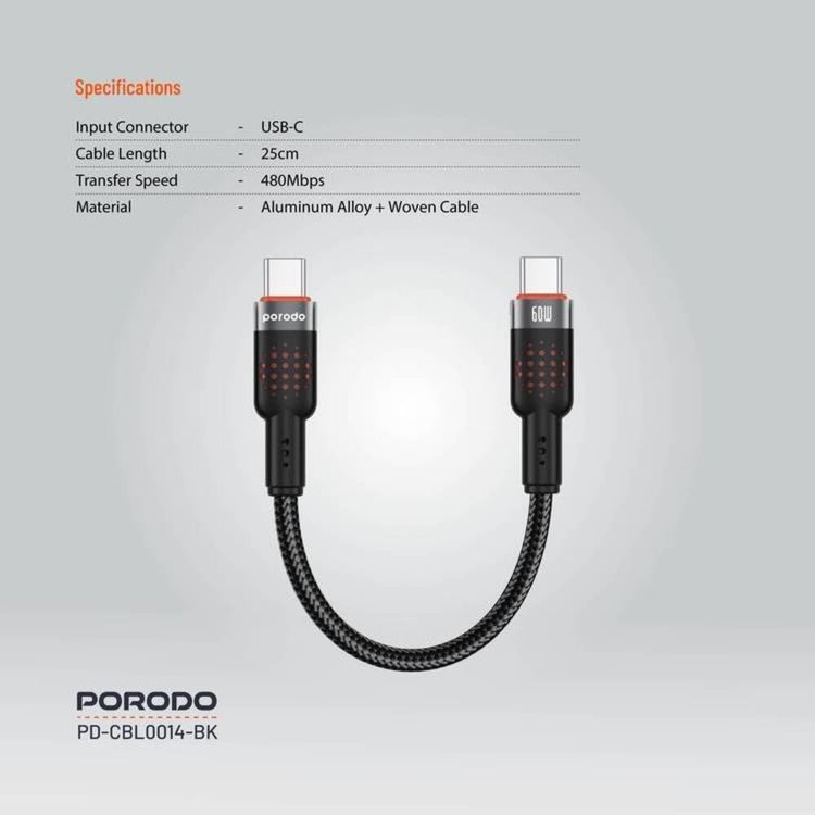 Porodo USB-C to USB-C Cable PD-CBL0014-BK - 25cm, 60W PD, Black