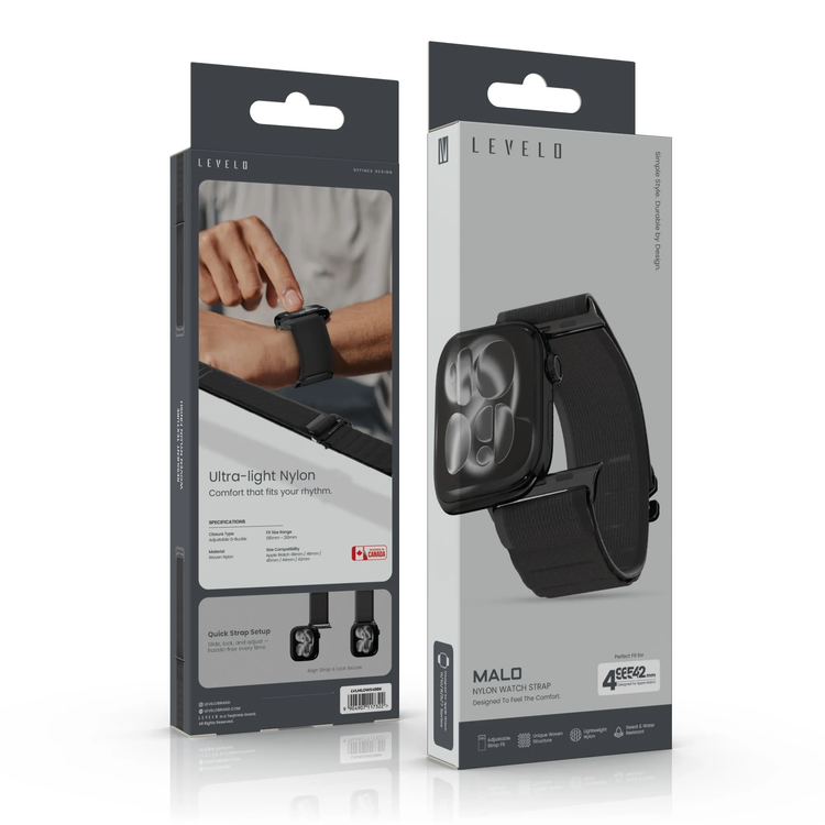 Levelo Watch Strap Malo LVLMLOWS49BK - Nylon, Black, Adjustable Fit