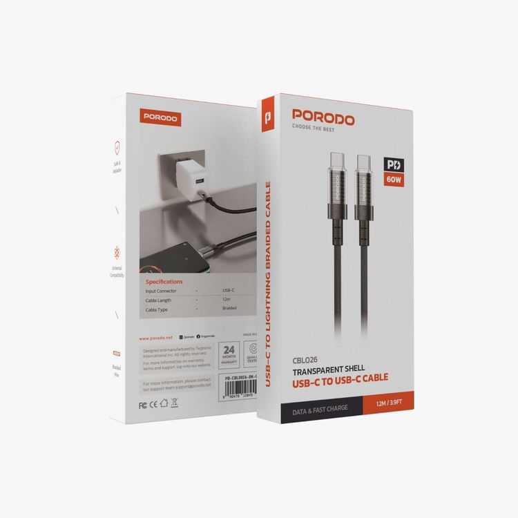 Porodo USB-C to USB-C Cable PD-CBL0026-BK - 60W PD, Braided, Black