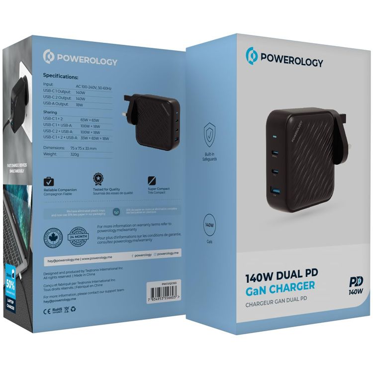 Powerology GaN Charger PWCUQC022 - 140W Dual PD, USB-A 18W, Black