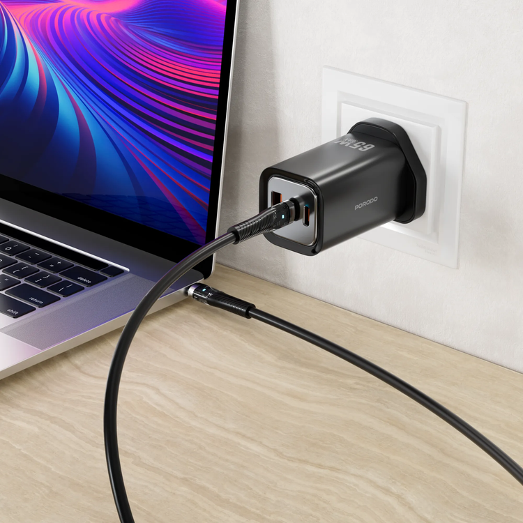 Porodo Wall Charger PD-FWCH037-BK - 65W Triple Output, Black