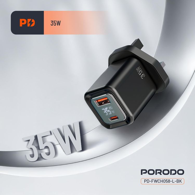 Porodo Charger PDFWCH058CBK - 35W PD GaN, USB-A & USB-C, Digital Display