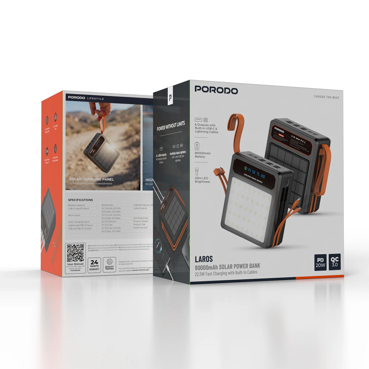 Porodo LAROS Solar Power Bank 80000mAh, PDPB80BK - Black