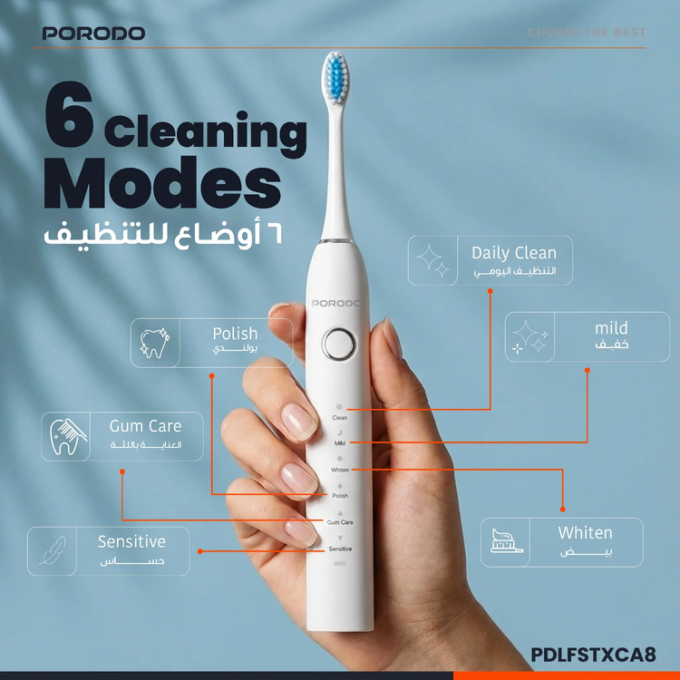 Porodo Electric Toothbrush PDLFSTXCA8BK - Sonic, 6 Modes, Black