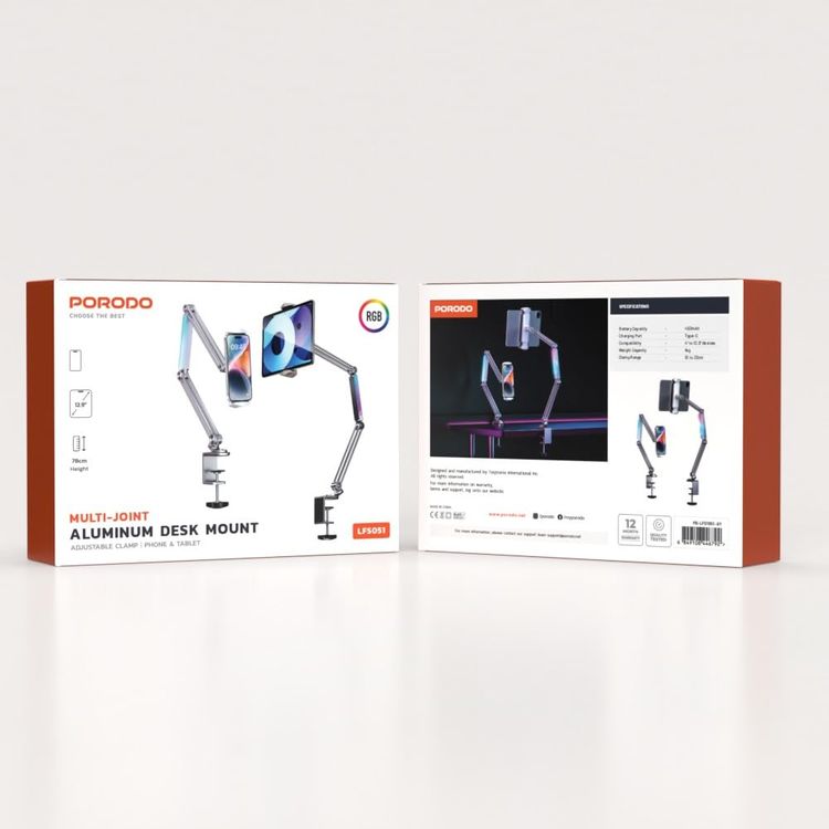 Porodo Cantilever Bracket PD-CBTPMH-GY - Adjustable, Foldable, LED RGB, Gray