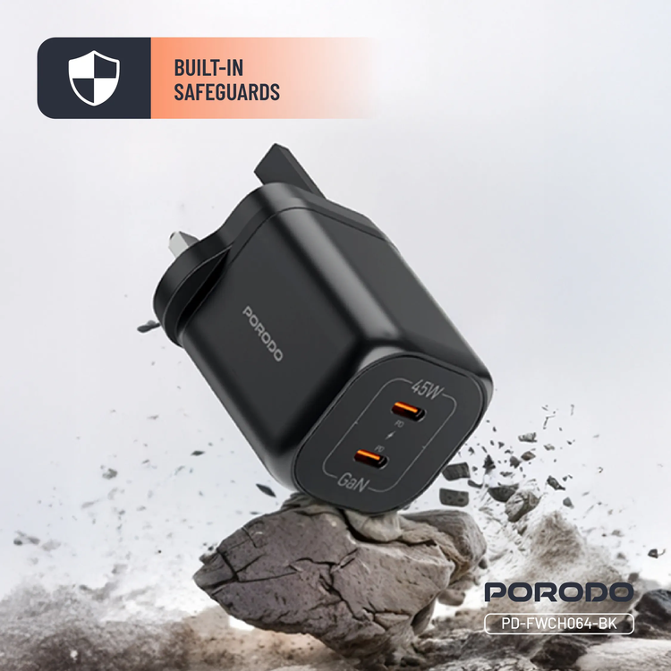 Porodo Dual USB-C Quick Charger PDFWCH064BK - 45W, Black