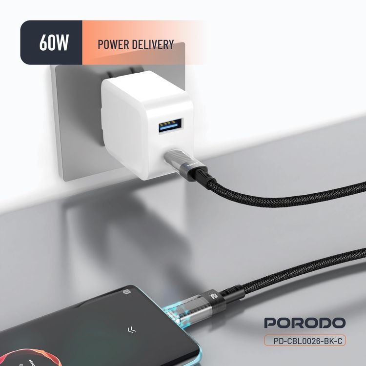 Porodo USB-C to USB-C Cable PD-CBL0026-BK - 60W PD, Braided, Black