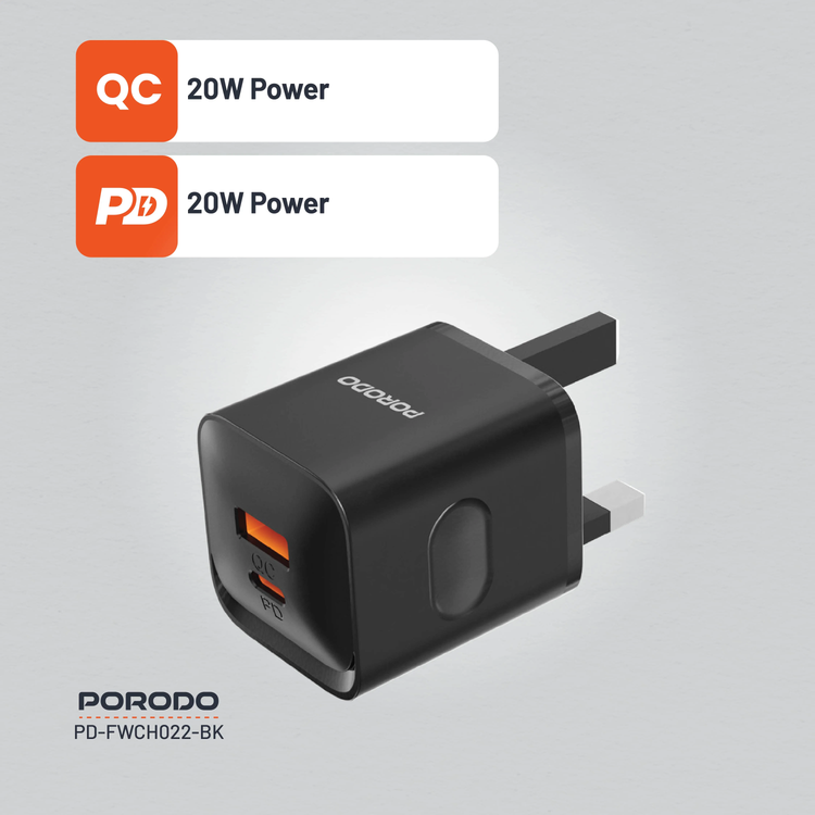 Porodo Wall Charger PDFWCH022BK - Dual Port 20W, Black