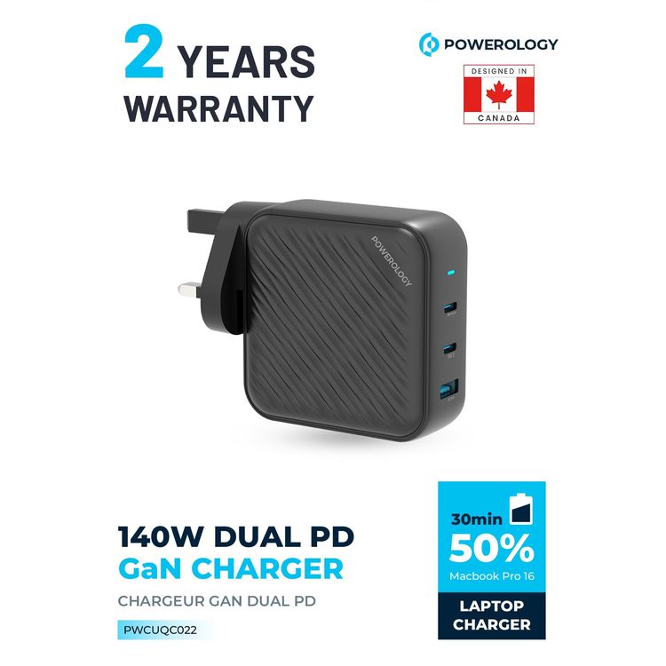 Powerology GaN Charger PWCUQC022 - 140W Dual PD, USB-A 18W, Black