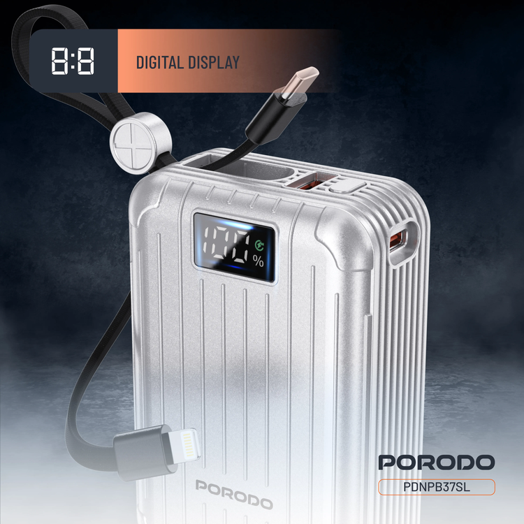 Porodo Power Bank Petite PDNPB37SL - 20000mAh, Type-C & Lightning, Silver