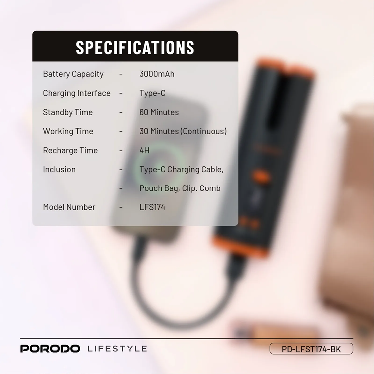 Porodo Hair Curler PDLFST174BK - Automatic Cordless, Black