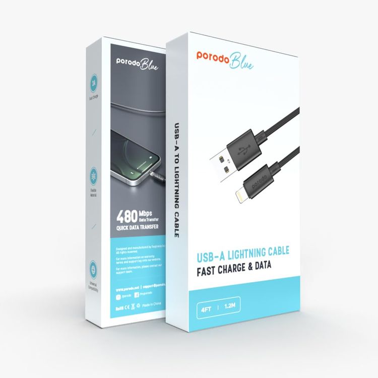 Porodo USB-A to Lightning Cable PB-3AALC-BK - 3A Fast Charge, Black