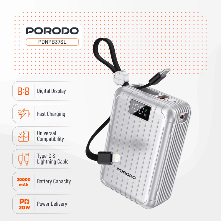 Porodo Power Bank Petite PDNPB37SL - 20000mAh, Type-C & Lightning, Silver