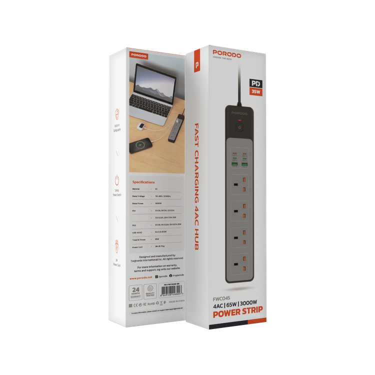 Porodo Power Strip PD-FWCH045-BK - 4AC 65W 3000W, Black