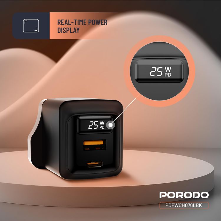 Porodo Multi-Port Charger PDFWCH073CBK - 100W GaN, 2x USB-C & USB-A, Black
