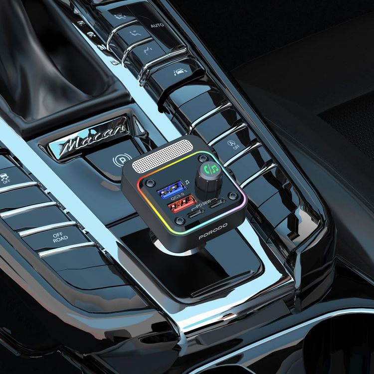 Porodo Car Charger FM Transmitter PD-FM42WBB-BK - 24W PD, QC 3.0, Bluetooth 5.1, Black