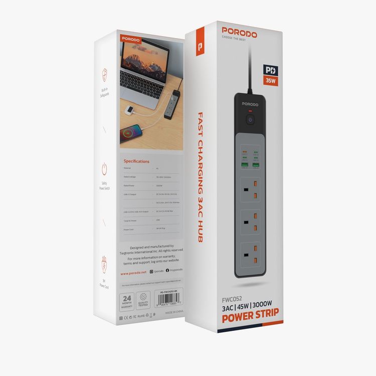 Porodo Power Strip PDFWCH045WH - 4 AC Outlets, 6 USB Ports, 3M Cord, Black