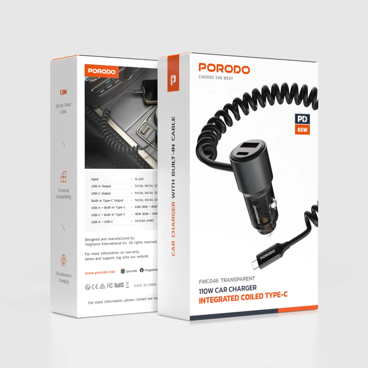 Porodo Car Charger PDFWCH046BK - 110W Transparent, Black