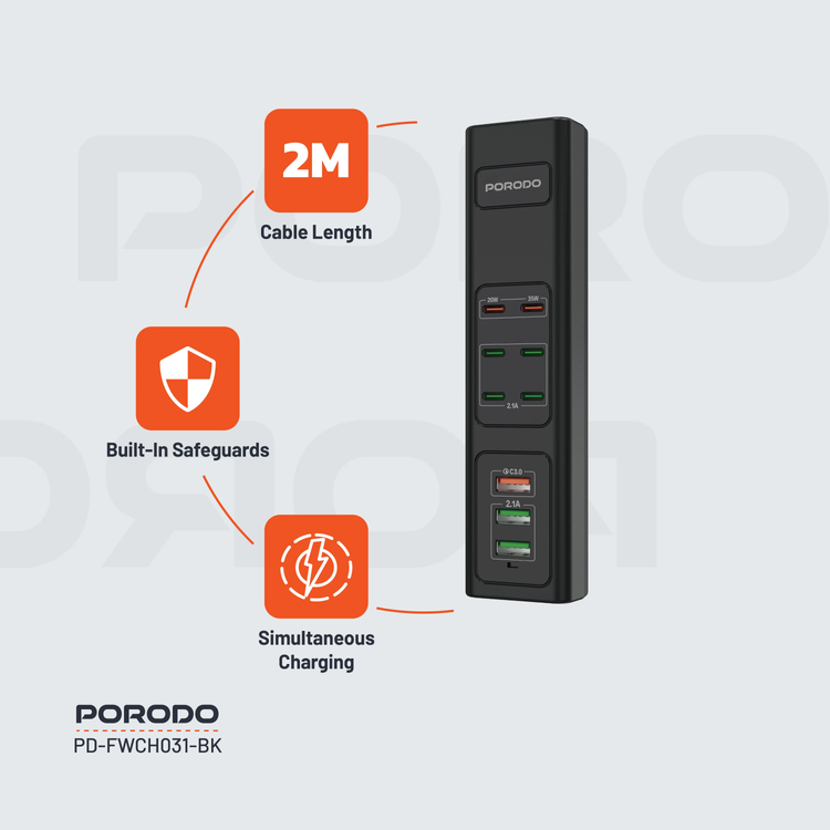 Porodo USB Charging Hub PDFWCH031BK - 85W Multi-Port, Black