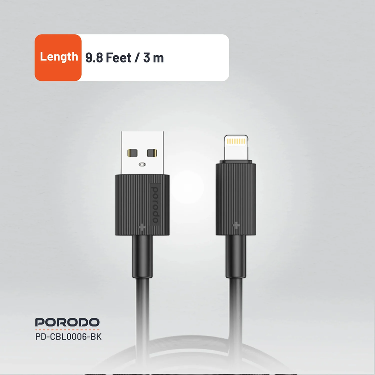 Porodo USB A to Lightning Cable 3m, PD-CBL0006-BK - Black