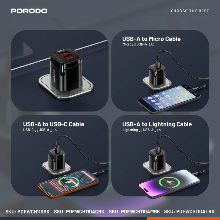 Porodo Wall Adapter PDFWCH110ACBK - Dual USB-A Ports with USB-A to USB-C Cable, Black