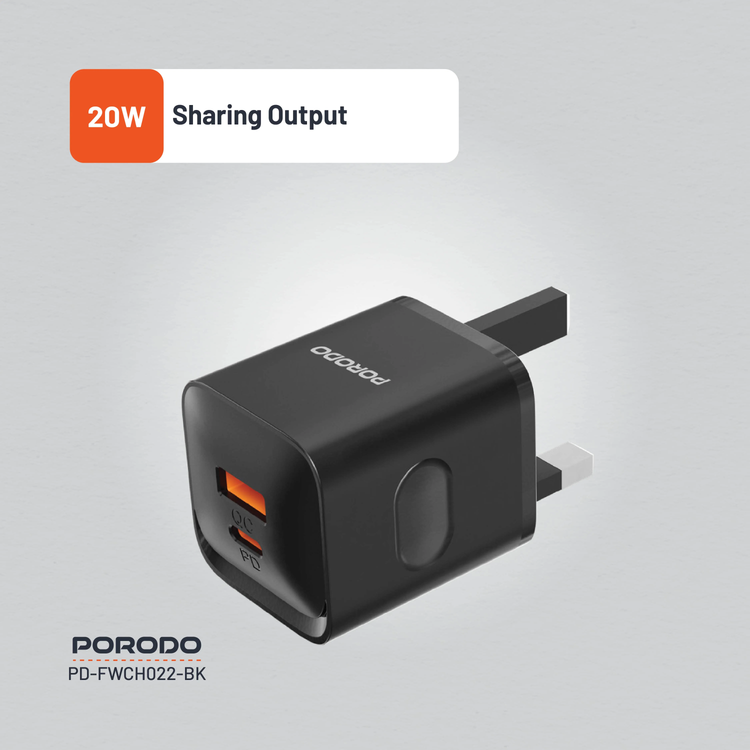 Porodo Wall Charger PDFWCH022BK - Dual Port 20W, Black