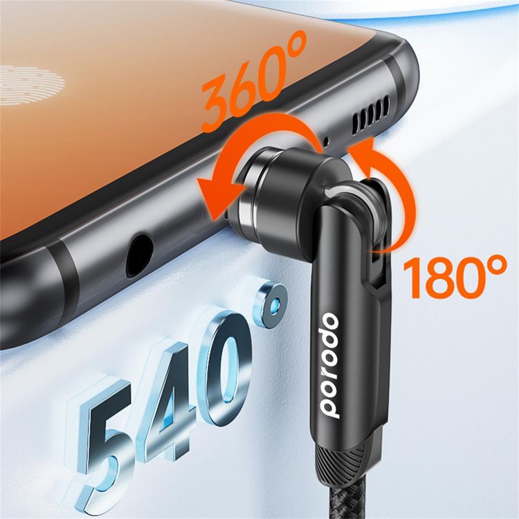 Porodo Magnetic 3in1 Braided Cable PD-31MGC-BK - Rotating Connector, Black