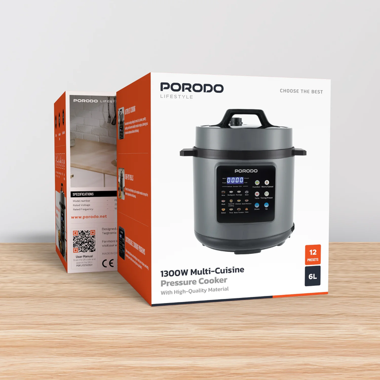 Porodo Pressure Cooker PDFLFSTA13GY - 1300W, 6L, Gray