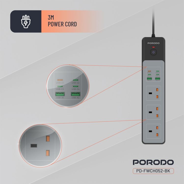 Porodo Power Strip PDFWCH045WH - 4 AC Outlets, 6 USB Ports, 3M Cord, Black
