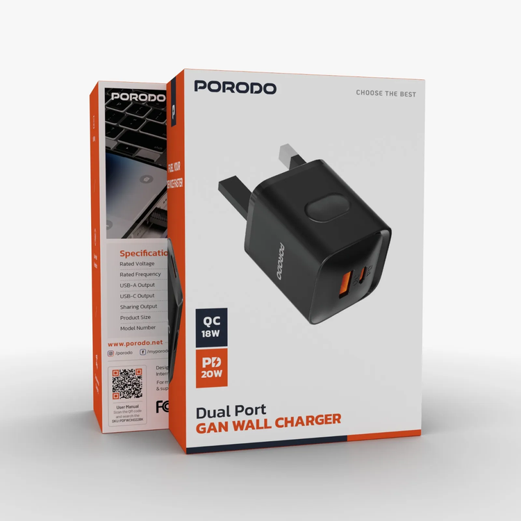 Porodo Wall Charger PDFWCH022BK - Dual Port 20W, Black