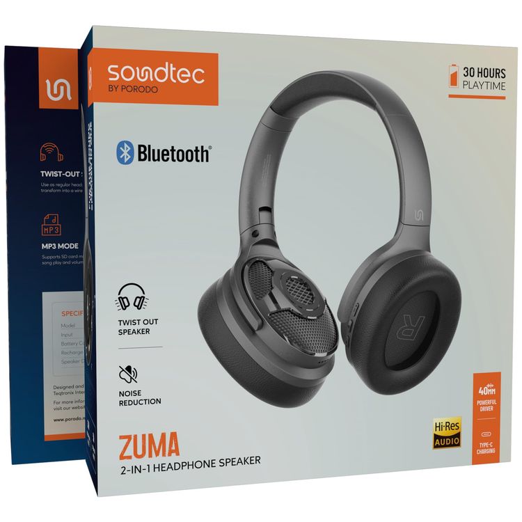 Porodo Headphone & Speaker Soundtec ZUMA PDSTHPV18BK - 30H Playtime, Black