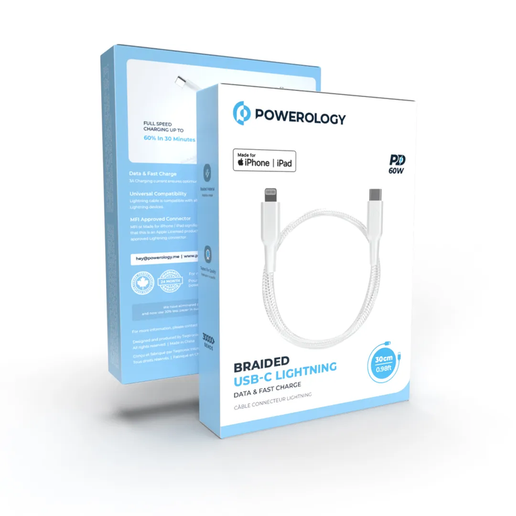 Powerology USB-C to Lightning Cable PCAB006WH - Braided 30cm White