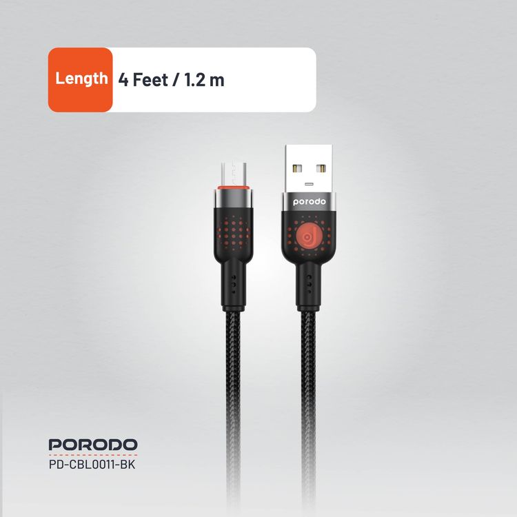Porodo Braided USB-A to Micro USB Cable PDCBL0011BK - 1.2m, Black