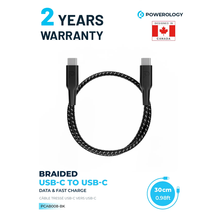 Powerology USB-C Cable PCAB008-BK - 60W PD Fast Charge, Black