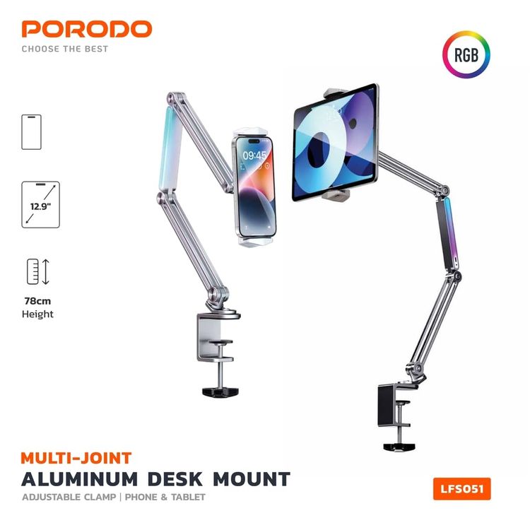 Porodo Cantilever Bracket PD-CBTPMH-GY - Adjustable, Foldable, LED RGB, Gray