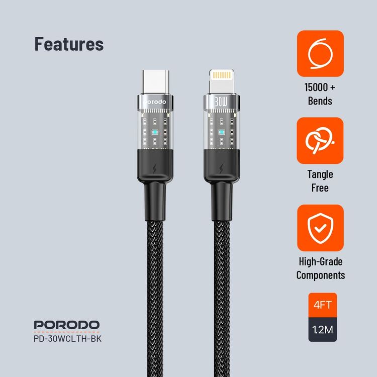 Porodo USB to Lightning Cable PD-30WCLTH-BK - 30W Fast Charging, 1.2M, Black