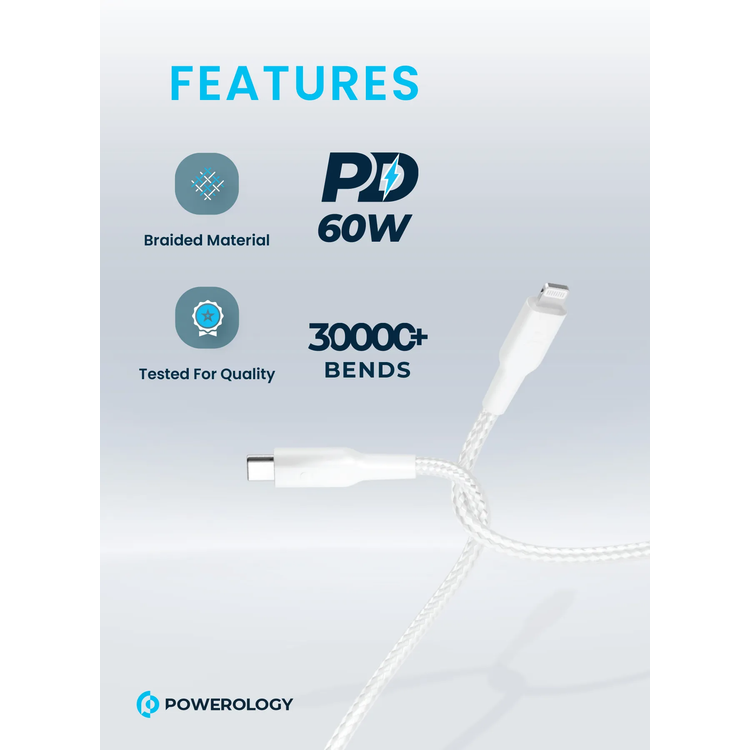 Powerology USB-C to Lightning Cable PCAB006WH - Braided 30cm White