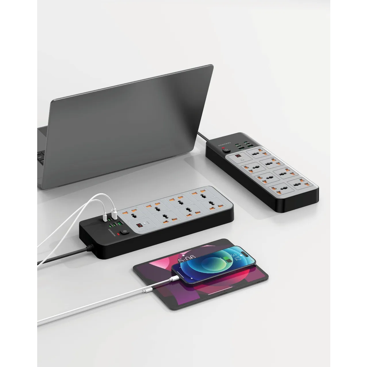 Porodo Power Strip PDFWCH099GY - 7 AC Outlets, 6 USB Ports, Grey