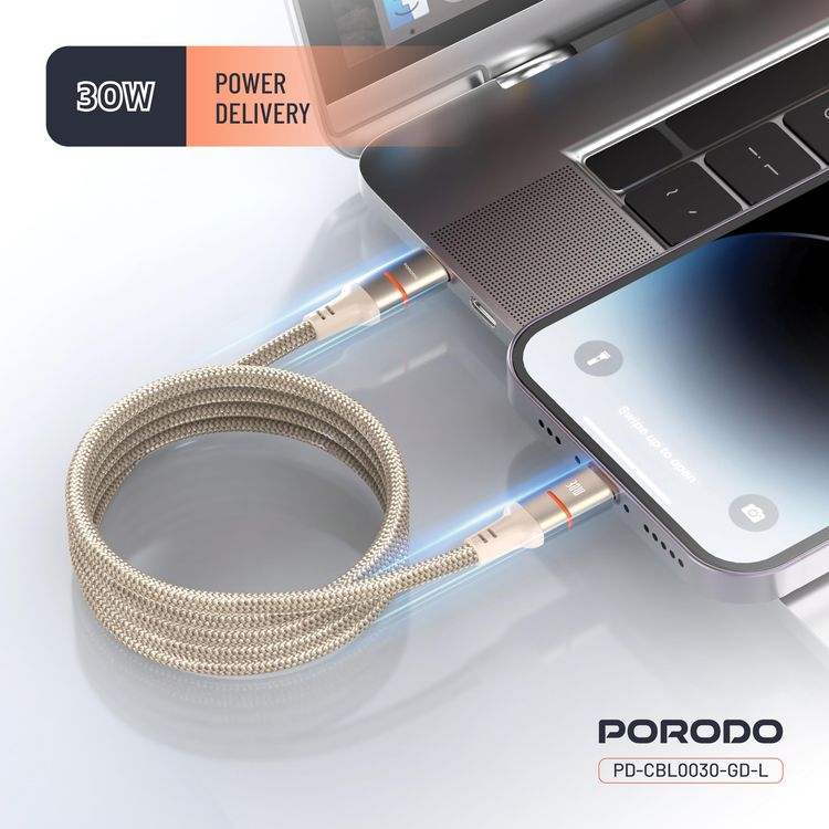 Porodo Magnetic Braided Cable PD-CBL0030-GD-L - 30W PD, Type-C to Lightning, Gold