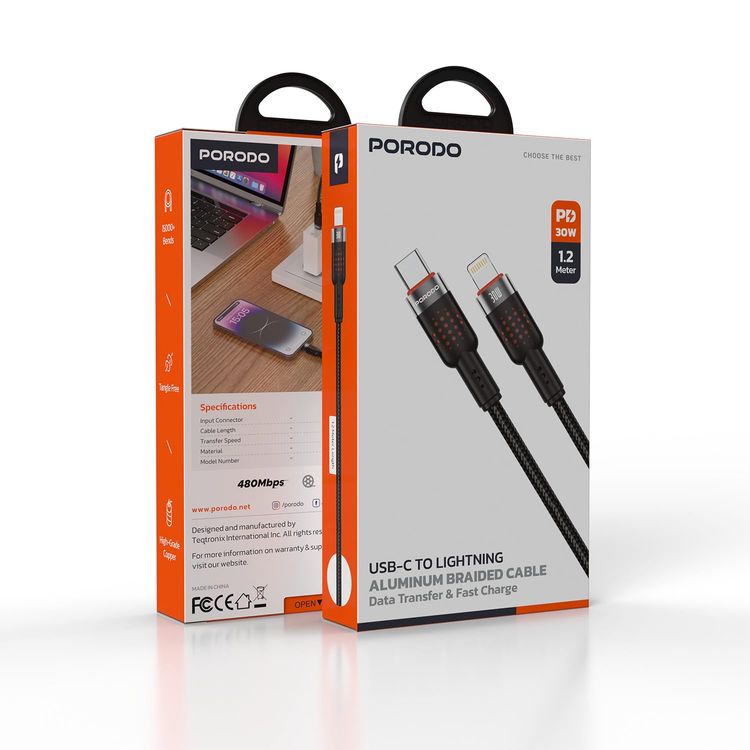 Porodo USB-C to Lightning Cable PDCBL0010BK - 1.2m, 30W Fast Charge, Black