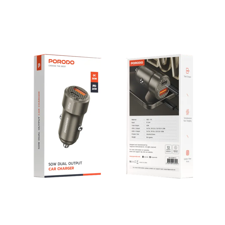 Porodo Car Charger PD-CC50W-TI - 50W Dual Port, Titanium