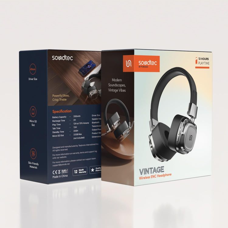 Porodo Wireless ENC Headphone PD-STWLEP037 - Vintage, Black/Silver