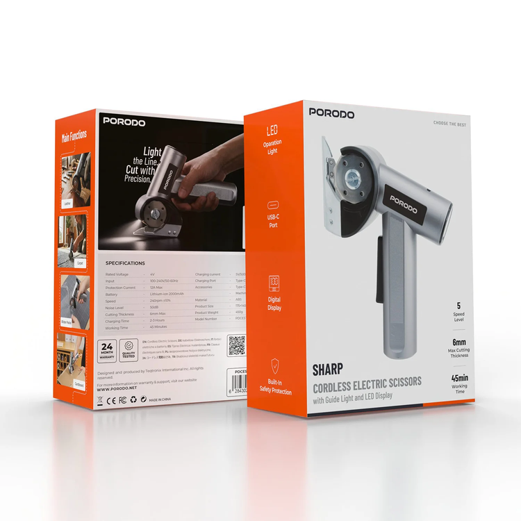 Porodo Cordless Electric Scissors PDCESTY008GY - Guide Light, Grey