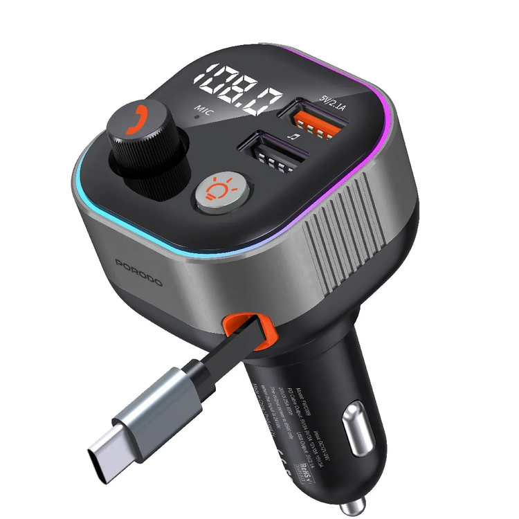 Porodo Bluetooth FM Transmitter & 65W PD Car Charger PDFWCH069DG - Retractable Type-C, Dark Gray