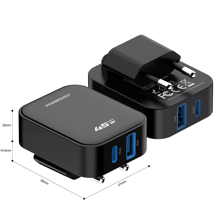 Powerology شاحن CRAB PWCUQC066BK - قابل للطي EU GaN، أسود